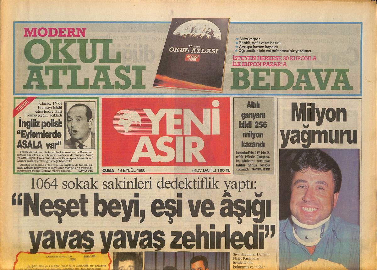 Yeni Asır Gazetesi 19 Eylül 1986 - Galatasaraylı Arif , Babasının Cenazesi İçin İzmir'e Geldi - İzmir Belediyesi , Spora Bir Milyar Lira Harcadı GZ133611 - 1