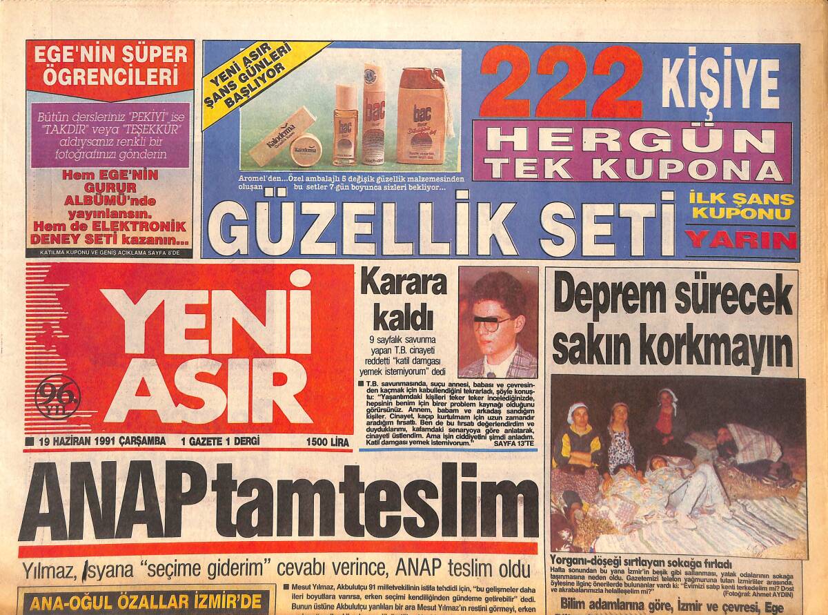 Yeni Asır Gazetesi 19 Haziran 1991 - ANAP Tam Teslim - Yeni Hükümet Marmaris'te Açıklanacak GZ134396 - 1