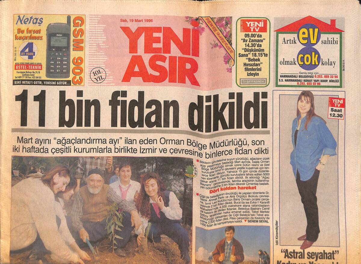 Yeni Asır Gazetesi 19 Mart 1996 - 11 Bin Fidan Dikildi - Şarkılar Pamukkale İçin Söylenecek GZ132212 - 1