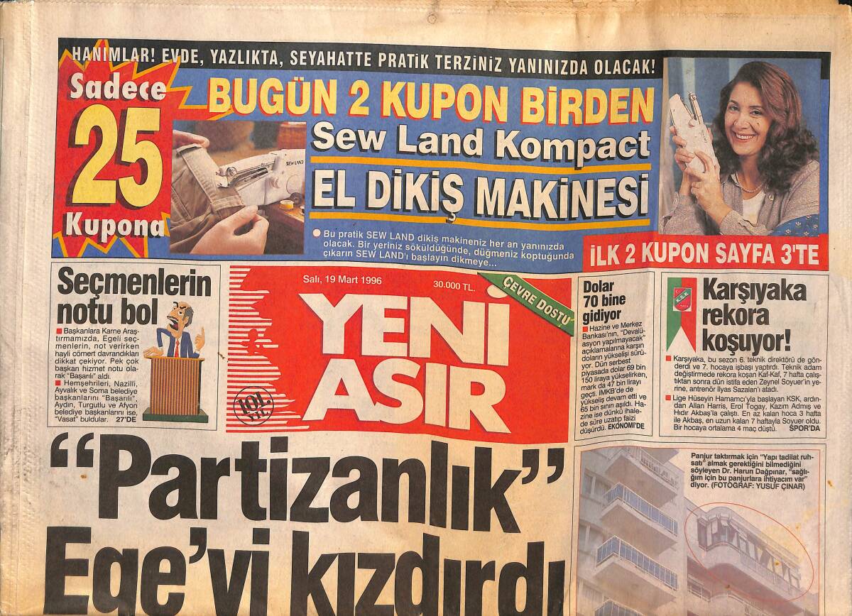 Yeni Asır Gazetesi 19 Mart 1996 - Partizanlık Ege'yi Kızdırdı - Galatasaray'a Bahar Geldi GZ132106 - 1