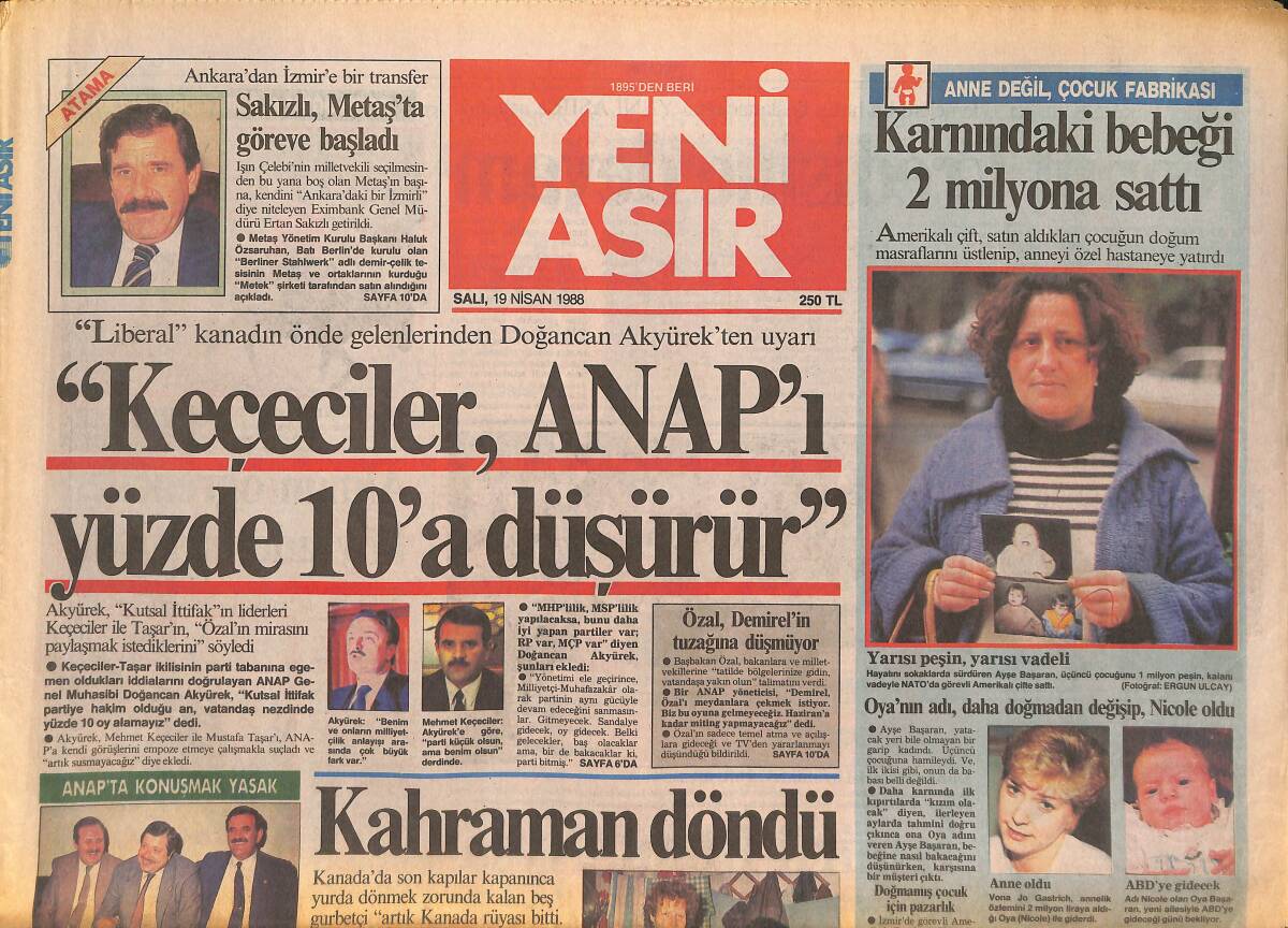 Yeni Asır Gazetesi 19 Nisan 1988 - Körfez Savaşı'na ABD'de Karıştı - Matild Yine Rekortmen GZ133580 - 1