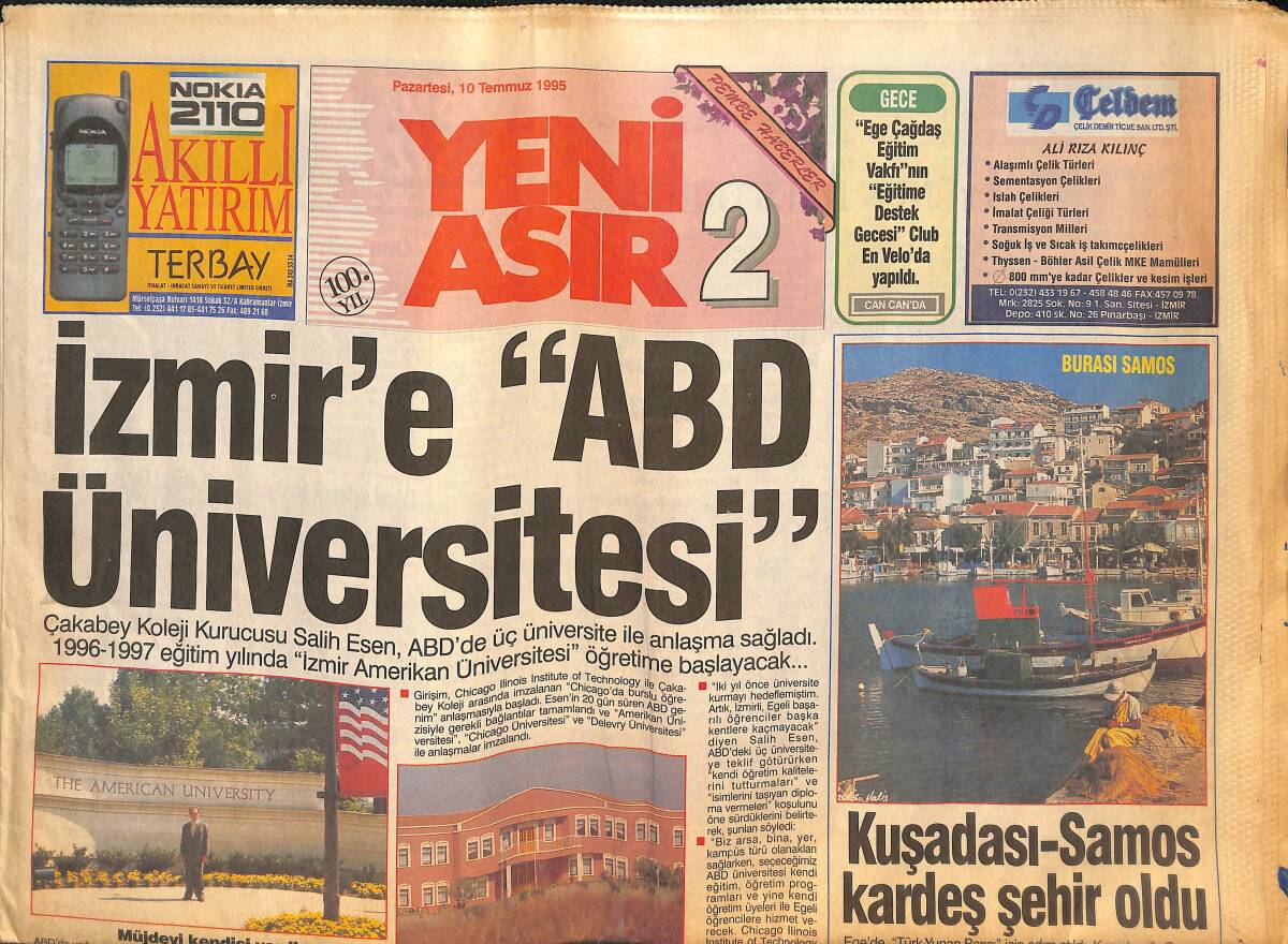Yeni Asır Gazetesi 2 Eki 10 Temmuz 1995 - Kuşadası-Samos Kardeş Şehir Oldu - İzmir'e ABD Üniversitesi GZ131598 - 1