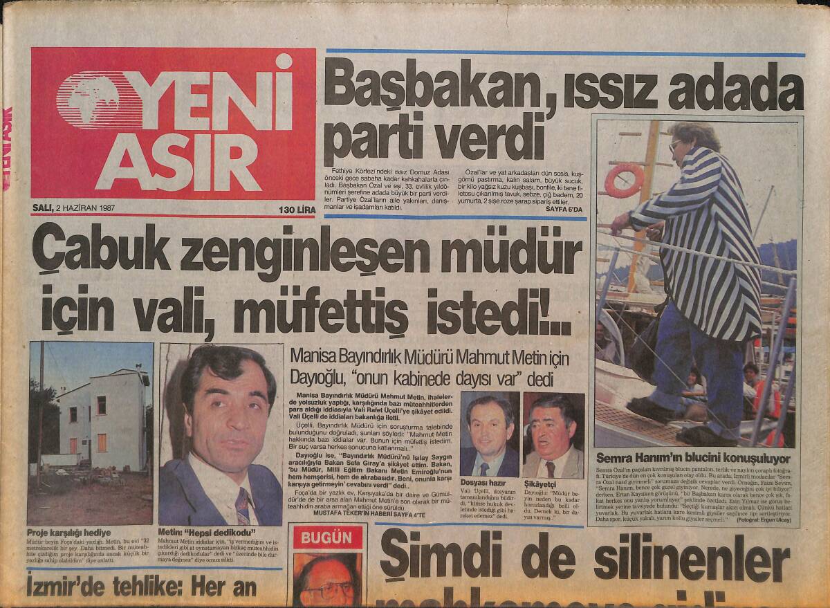 Yeni Asır Gazetesi 2 Haziran 1987 - Başbakan, Issız Adada Parti Verdi - Kerami'ye Havada Suikast - Özal'a Göre Beşiktaş Yüzde %99 Şampiyon GZ132173 - 1