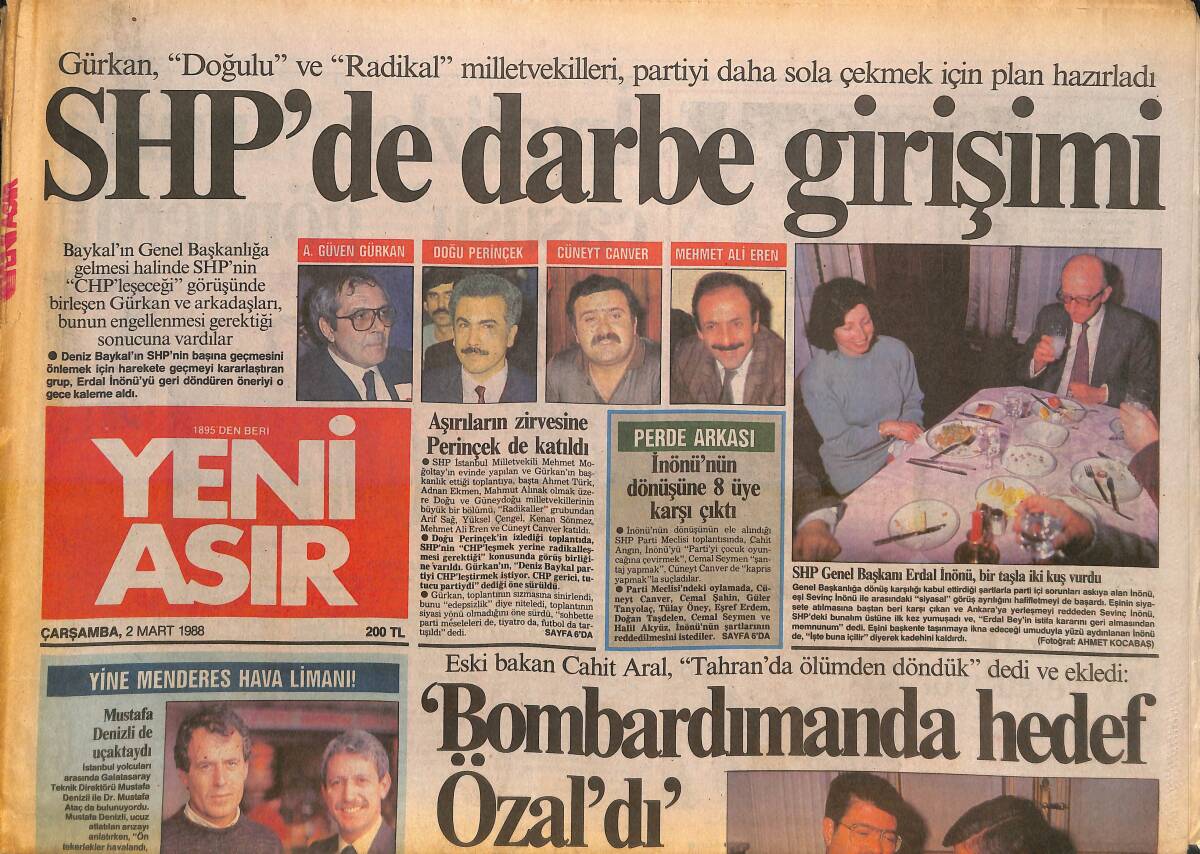 Yeni Asır Gazetesi 2 Mart 1988 - SHP'de Darbe Girişimi - İzmirspor Köprü Takım Kuruyor GZ133756 - 1
