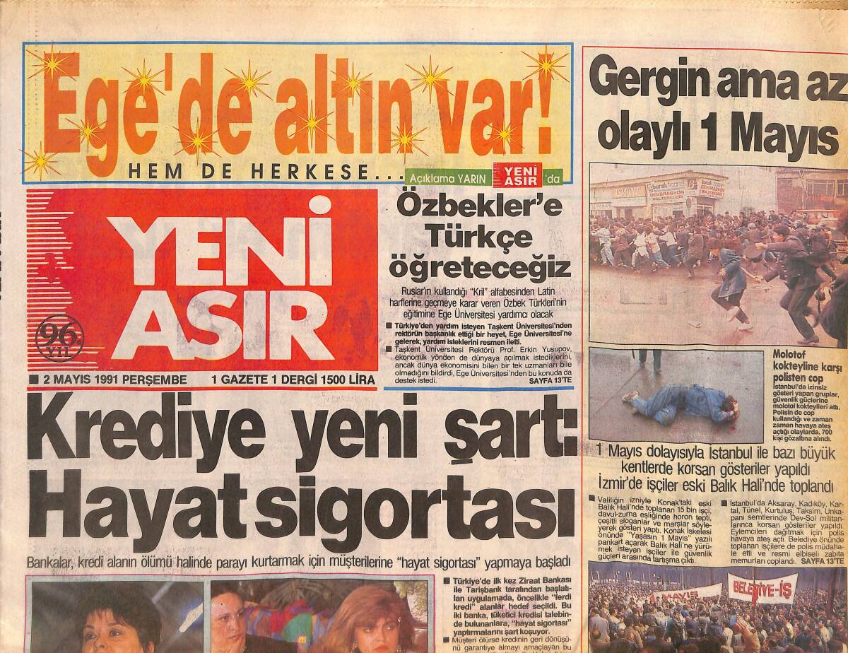 Yeni Asır Gazetesi 2 Mayıs 1991 - Gergin Ama Az Olaylı 1 Mayıs - Şemdilli Kaymakamına İngiliz Askeri Silah Çekti GZ132284 - 1