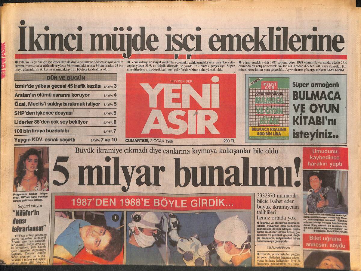 Yeni Asır Gazetesi 2 Ocak 1988 - Galatasaray Devreyi Lider Bitirmek İstiyor - Altay'da Prim Milyona Dayandı ! GZ133595 - 1
