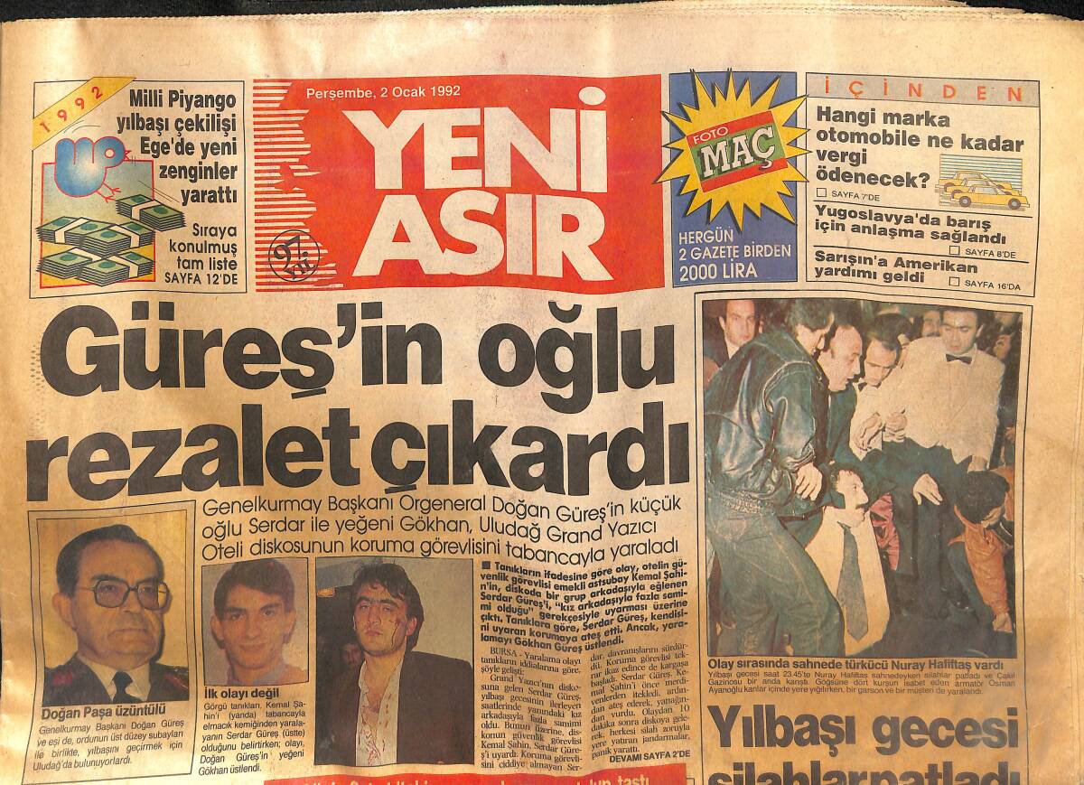 Yeni Asır Gazetesi 2 Ocak 1992 - Devran Çağlar 'Gönlüm Senindir' Kaset Afişi - Güreş'in Oğlu Rezalet Çıkardı GZ134082 - 1