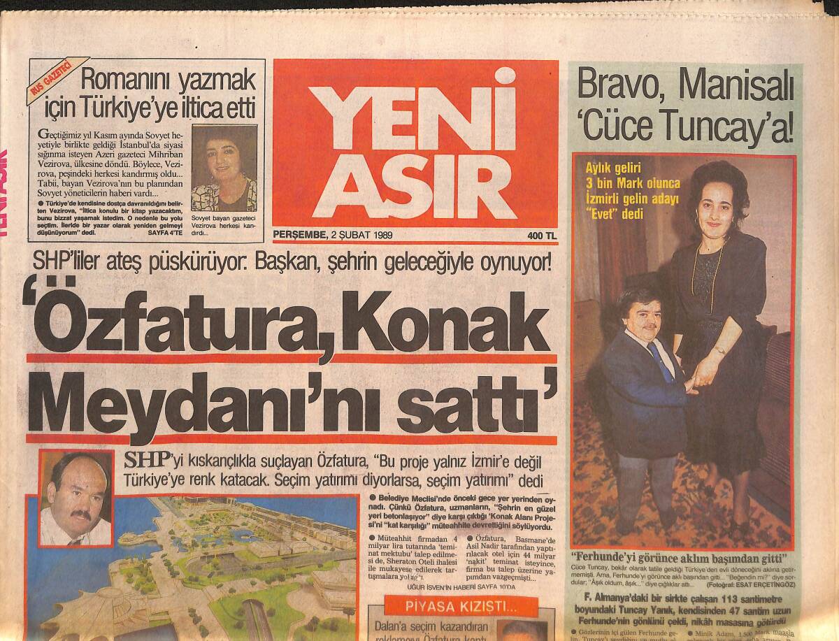 Yeni Asır Gazetesi 2 Şubat 1989 - Özfatura, Konak Meydanı'nı Sattı- Tanju Çolağa, Altın Ayakkabı Ödülü Monaco'da Teslim Edildi - Aslan Kükredi 