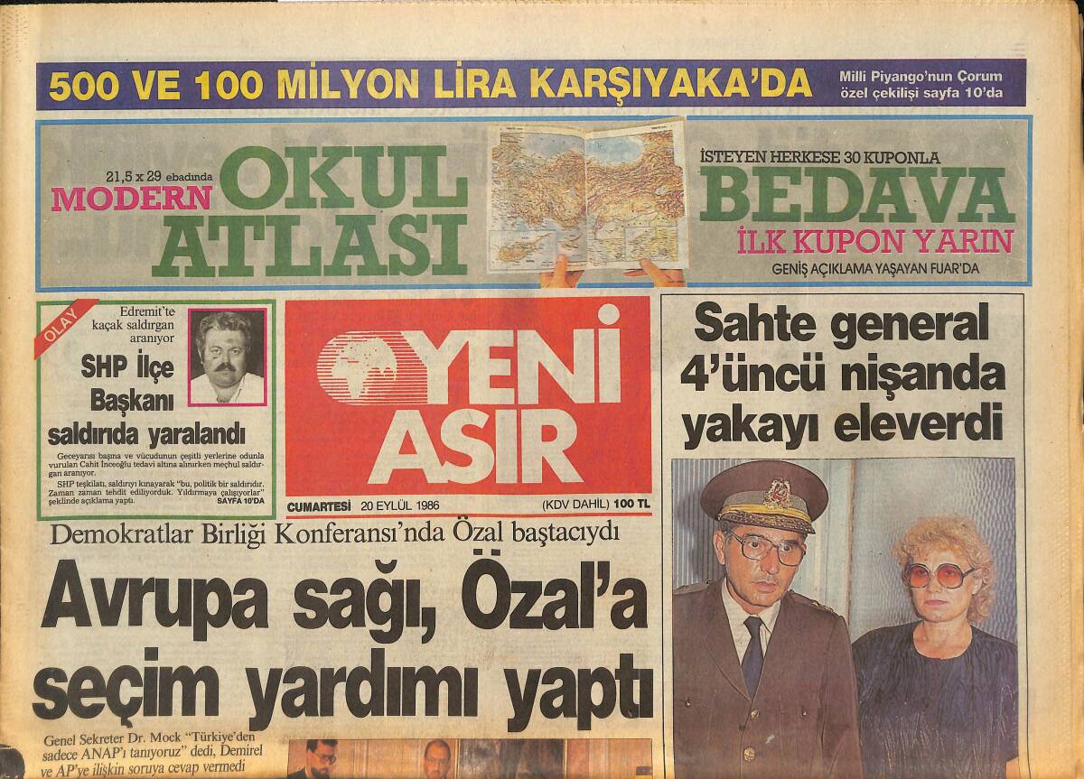 Yeni Asır Gazetesi 20 Eylül 1986 - Menderes'in Mezarı Eyüp'e Naklediliyor - Galatasaray'ın Başı Yabancılarla Dertte GZ133676 - 1