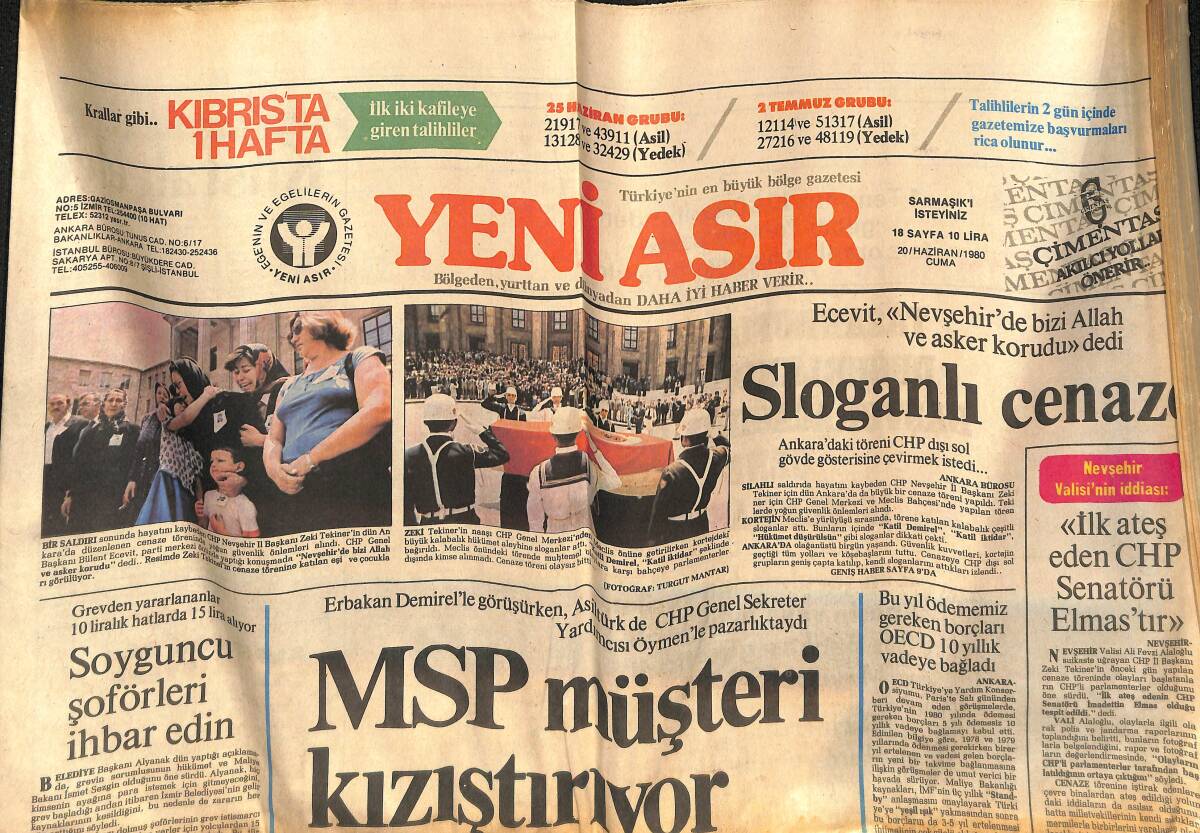 Yeni Asır Gazetesi 20 Haziran 1980 - Zeki Müren Kefeni Yırttı - Ecevit : Bizi Allah Ve Asker Korudu GZ133318 - 1