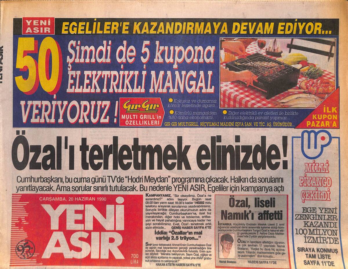 Yeni Asır Gazetesi 20 Haziran 1990 - Çakmur , Kahraman'ı 7 Aya Mahkum Ettirdi - Özal'ı Terletmek Elinizde ! GZ133455 - 1