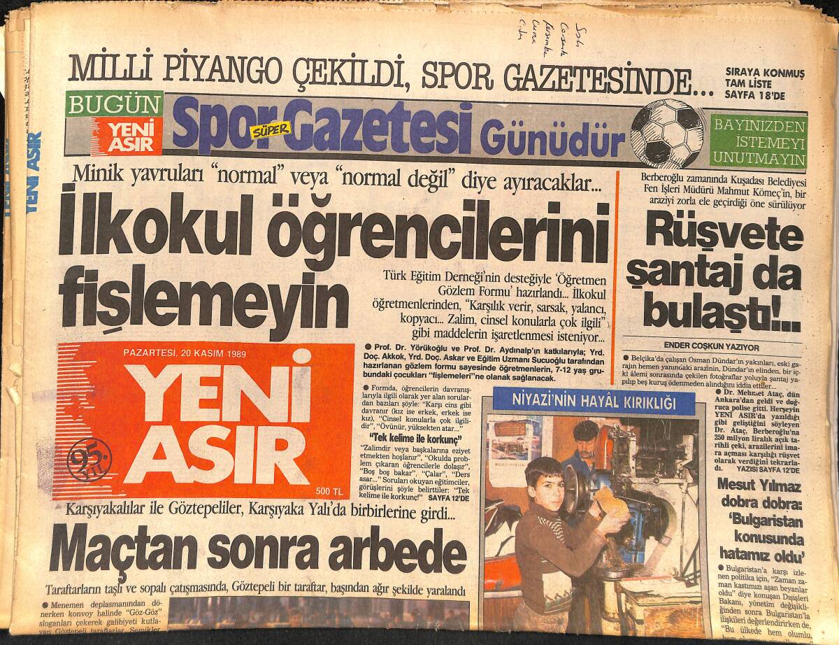 Yeni Asır Gazetesi 20 Kasım 1989 - Karşıyakalılar Ve Göztepeliler Birbirlerine Girdi - Marmarisli Başkan, Kenan Evren İçin Her şeyi Yapıyor GZ134776 - 1