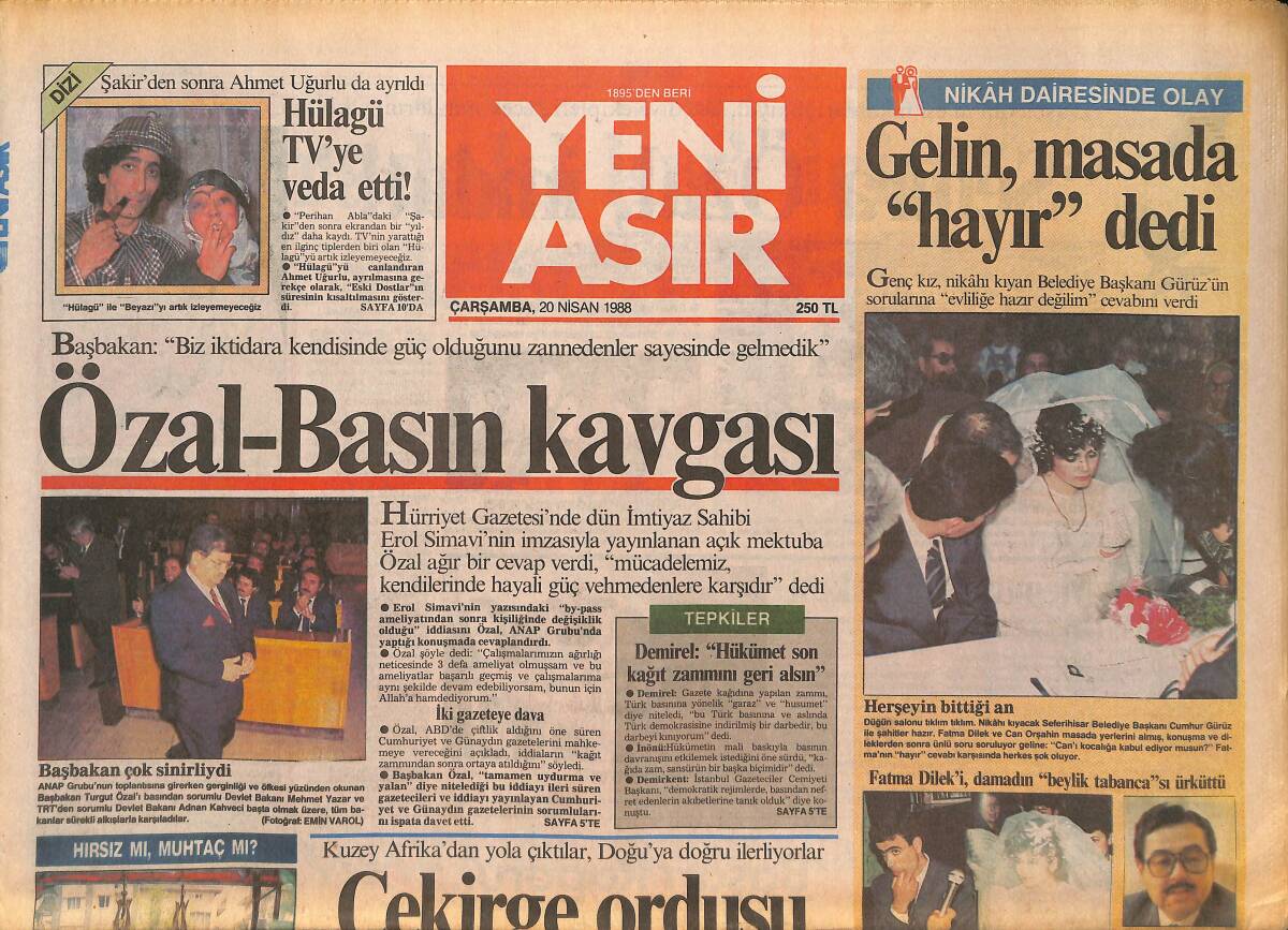 Yeni Asır Gazetesi 20 Nisan 1988 - Hülagü TV'ye Veda Etti ! - Özal-Basın Kavgası GZ133620 - 1