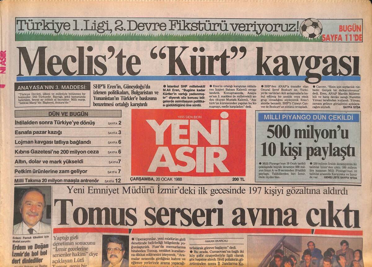 Yeni Asır Gazetesi 20 Ocak 1988 - Tomus Serseri Avına Çıktı - Meclis'te Kürt Kavgası GZ133741 - 1