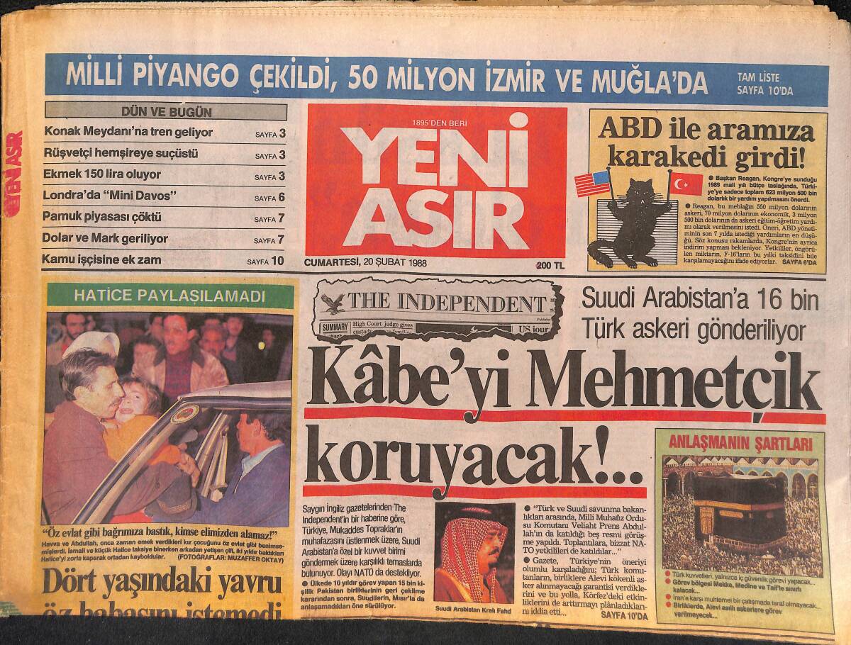 Yeni Asır Gazetesi 20 Şubat 1988 - Suudi Arabistan'a 16 Bin Türk Askeri, Kabe'yi Koruyacaklar - Seda Sayan Gazino Afişi GZ134781 - 1