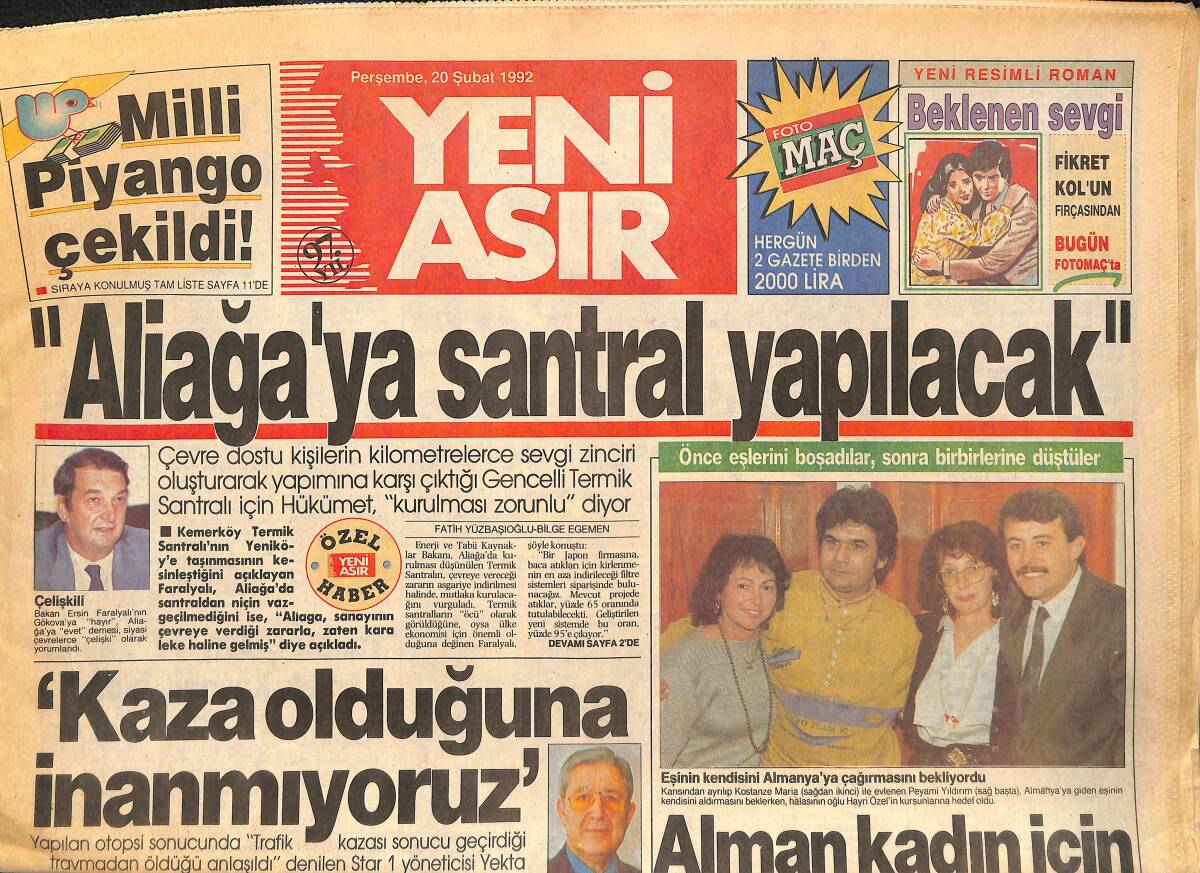 Yeni Asır Gazetesi 20 Şubat 1992 - Tansu Çiller 17 Trilyon Lira Kaynak Buldu - Çeşme Otoyolu'nun Yarısı Hazır GZ133642 - 1