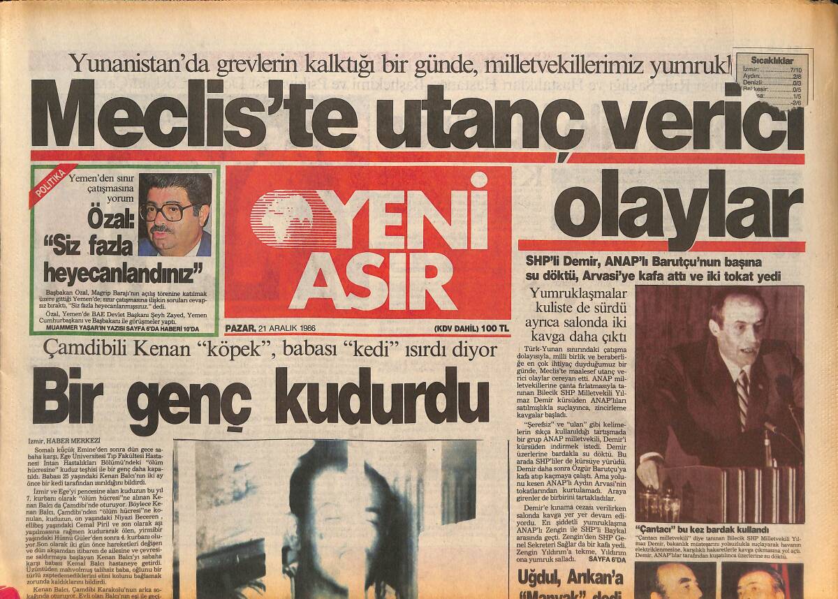 Yeni Asır Gazetesi 21 Aralık 1986 - Meclis'ten Utanç Verici Olaylar - Farelere Zehirli Gaz Püskürtülecek GZ134334 - 1