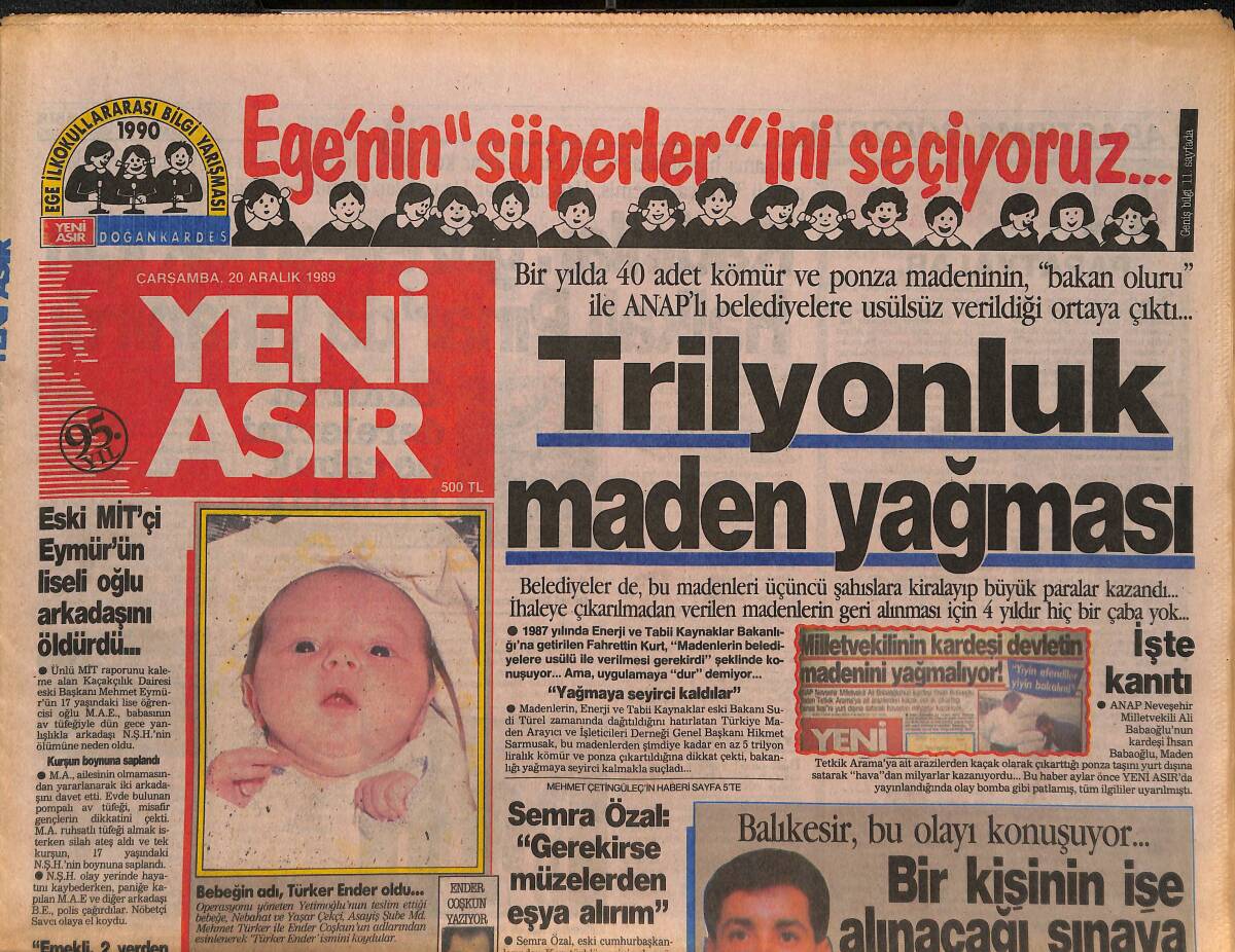 Yeni Asır Gazetesi 20 Aralık 1989 - Fatih Terim'in Muhalif Hanımı - Trilyonluk Maden Yağması GZ131626 - 1
