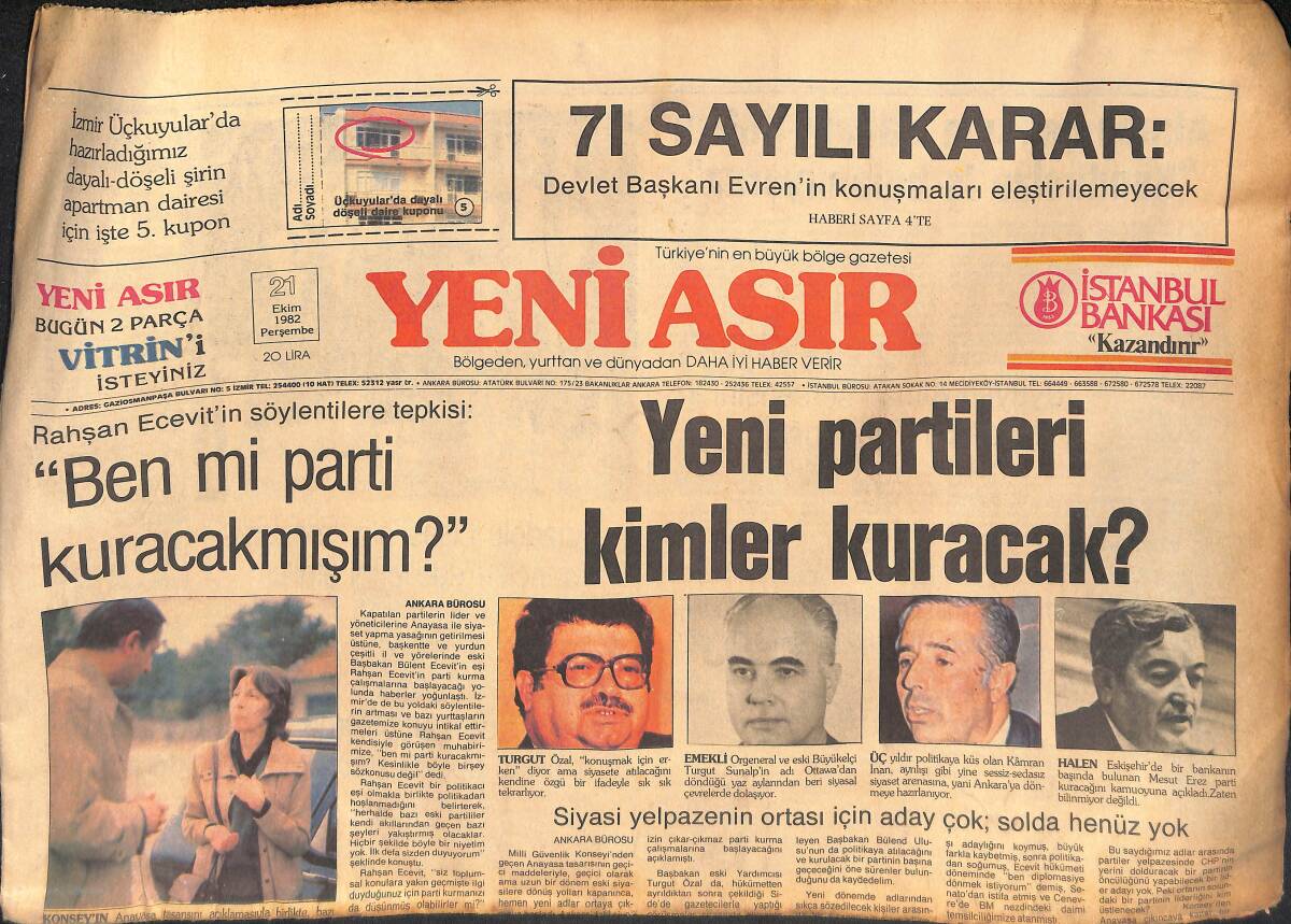 Yeni Asır Gazetesi 21 Ekim 1982 - Mafia Babaları Yargılanıyor - Mimar Sinan'ın Varisi Ortada Kaldı GZ132758 - 1