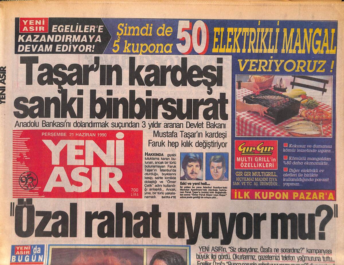 Yeni Asır Gazetesi 21 Haziran 1990 - Lacatus 33 Milyara İtalya'da - Taşar'ın Kardeşi Sanki Binbir Surat GZ133454 - 1