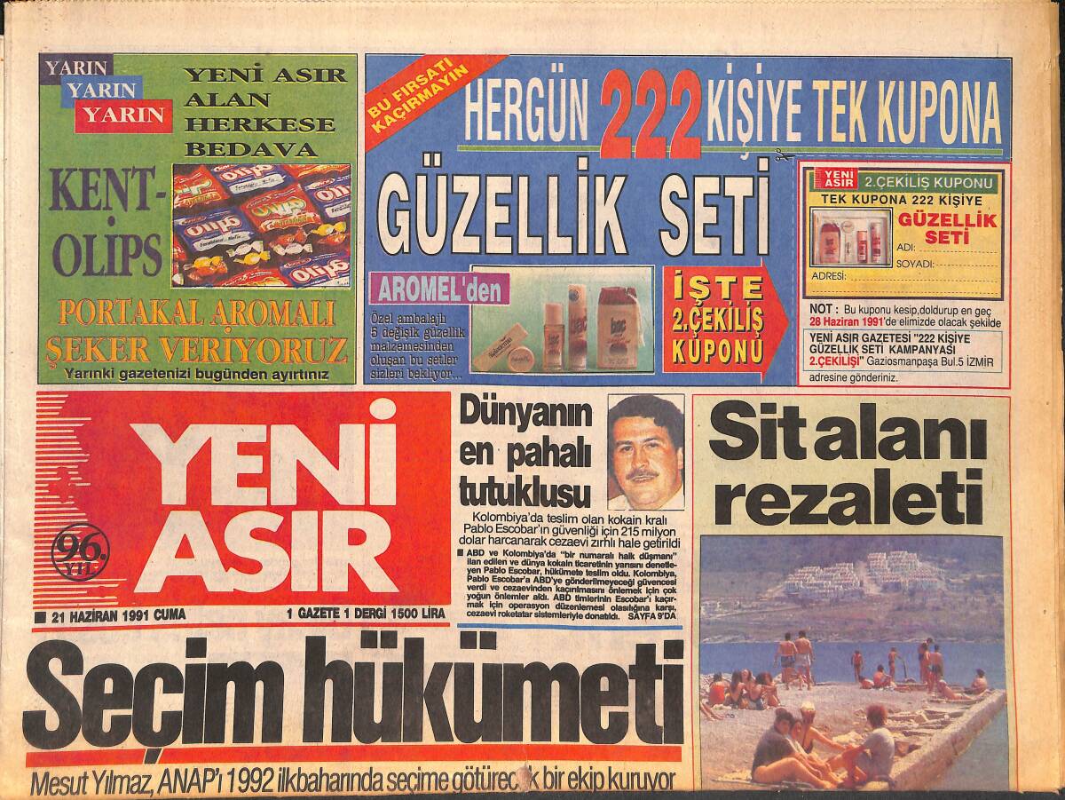 Yeni Asır Gazetesi 21 Haziran 1991 -Kolombiya'da Teslim Olan Pablo Escobar'ın Güvenliği İçin 215 Milyon Dolar Harcanarak Cezaevi Zırhlı Hale Getirildi GZ134394 - 1