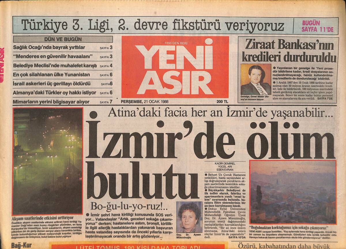 Yeni Asır Gazetesi 21 Ocak 1988 - İzmir Şehri Hava Kirliliği Konusunda SOS Veriyor - Sayman Salihlispor'un 2.5 Milyonunu Çaldı GZ133660 - 1
