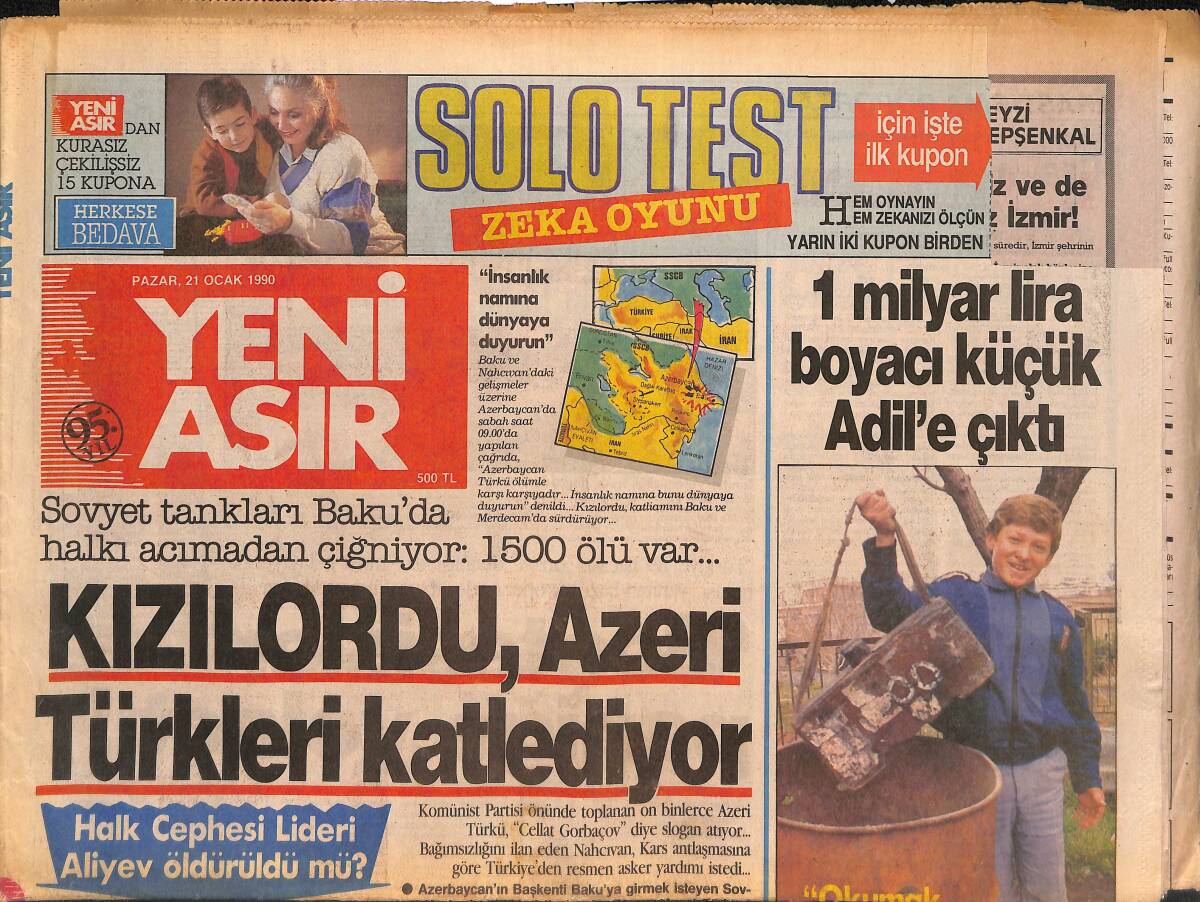 Yeni Asır Gazetesi 21 Ocak 1990 - Kızılordu , Azeri Türkleri Katlediyor - Karşıyaka ANAP Örgütü Karıştı !.. GZ134323 - 1