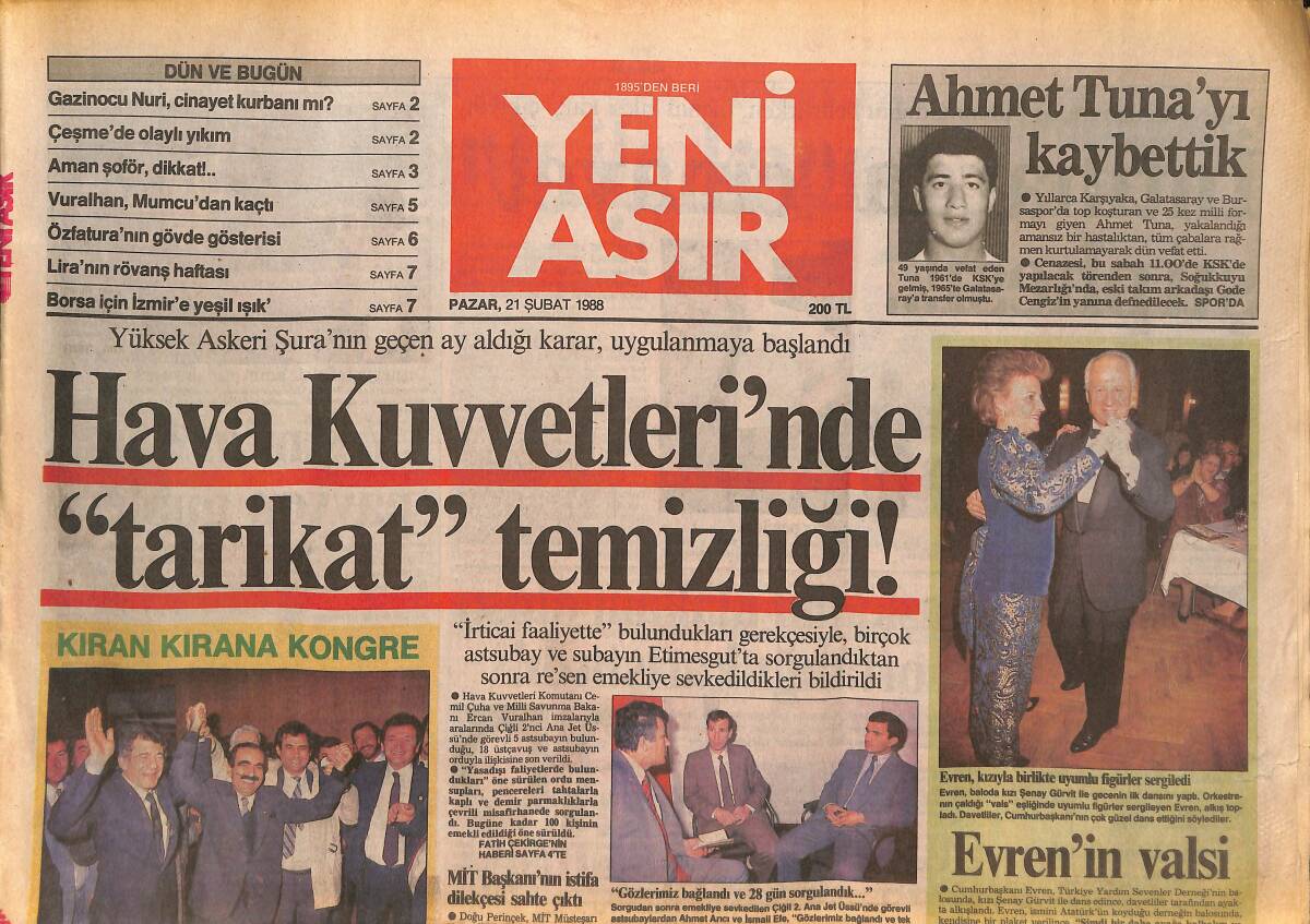 Yeni Asır Gazetesi 21 Şubat 1988 - Galatasaray İle Sarıyer Bol Tekme Ve Gol Attı - Hava Kuvvetleri'nde Tarikat Temizliği GZ133681 - 1