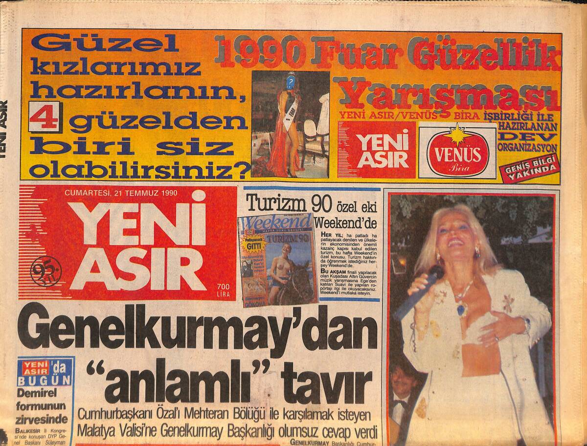 Yeni Asır Gazetesi 21 Temmuz 1990 - Genelkurmay'dan Özal'a Tavır - Galler Prensesine İçinde Bomba Olan Bir Paket Yolladırlar GZ132218 - 1