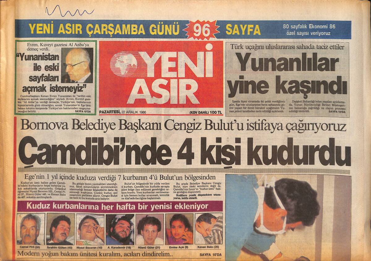 Yeni Asır Gazetesi 22 Aralık 1986 - Gürkan Halkçı Partiyi Yeniden Mi Kuruyor ? - RAI'nin Yeni Gözdesi GZ134335 - 1