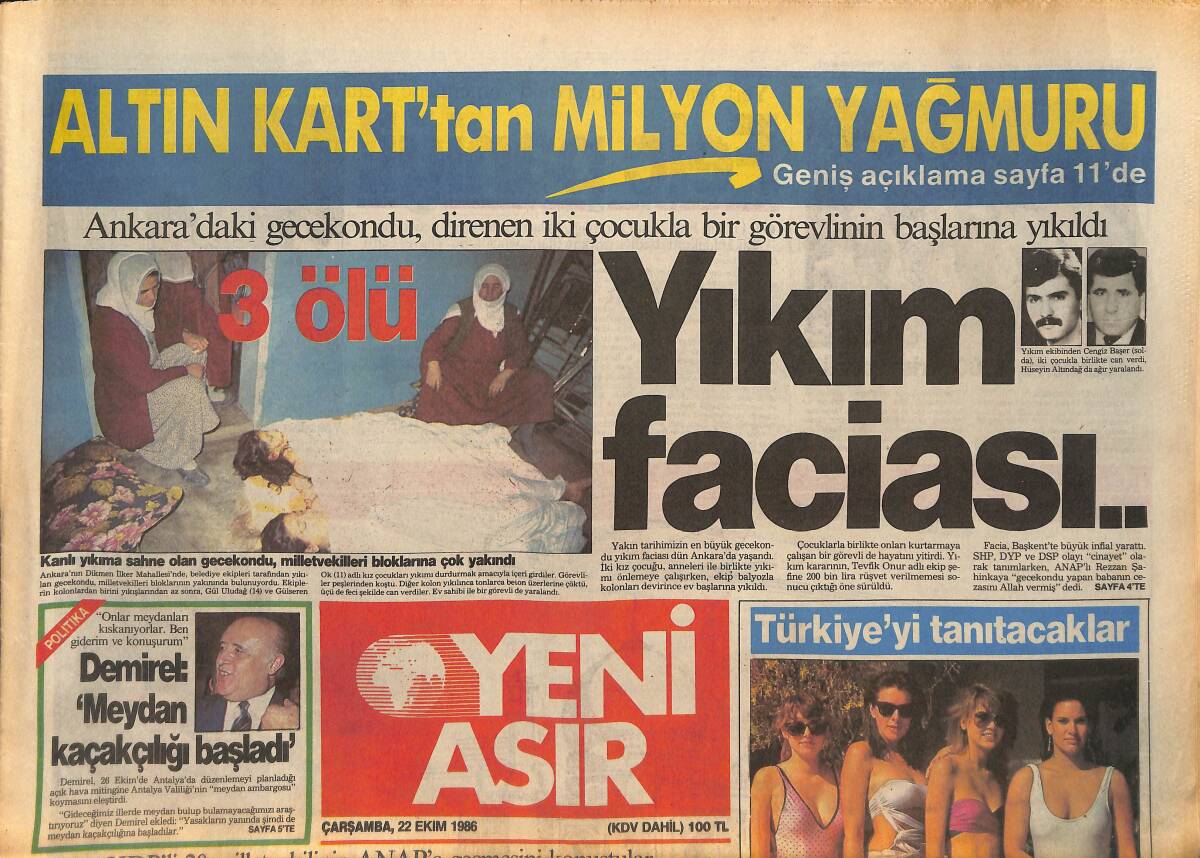 Yeni Asır Gazetesi 22 Ekim 1986 - Demirel : Meydan Kaçakcılığı Başladı -İkinci Lig takımlarından Petrolofis'in Teknik Direktörü Fena Halde Dayak Yedi GZ132188 - 1