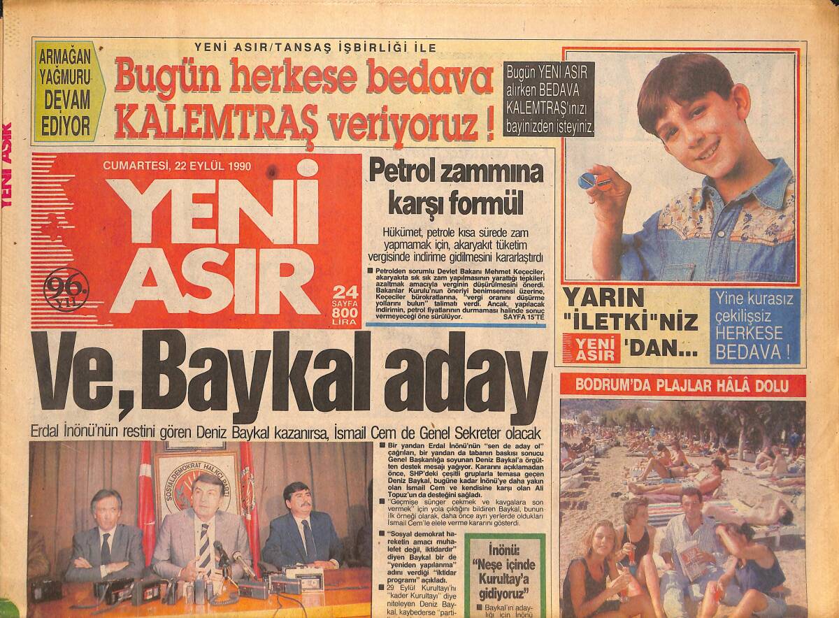 Yeni Asır Gazetesi 22 Eylül 1990 - Saddam : '' Savaşa Hazırız '' - Ege'de Baykal Farklı Önde GZ133625 - 1