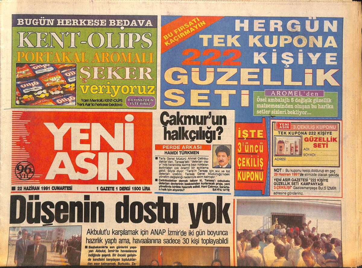 Yeni Asır Gazetesi 22 Haziran 1991 - Milli Takım 1992'de Patlayacak - Çakmur'un Halkçılığı ? GZ134219 - 1