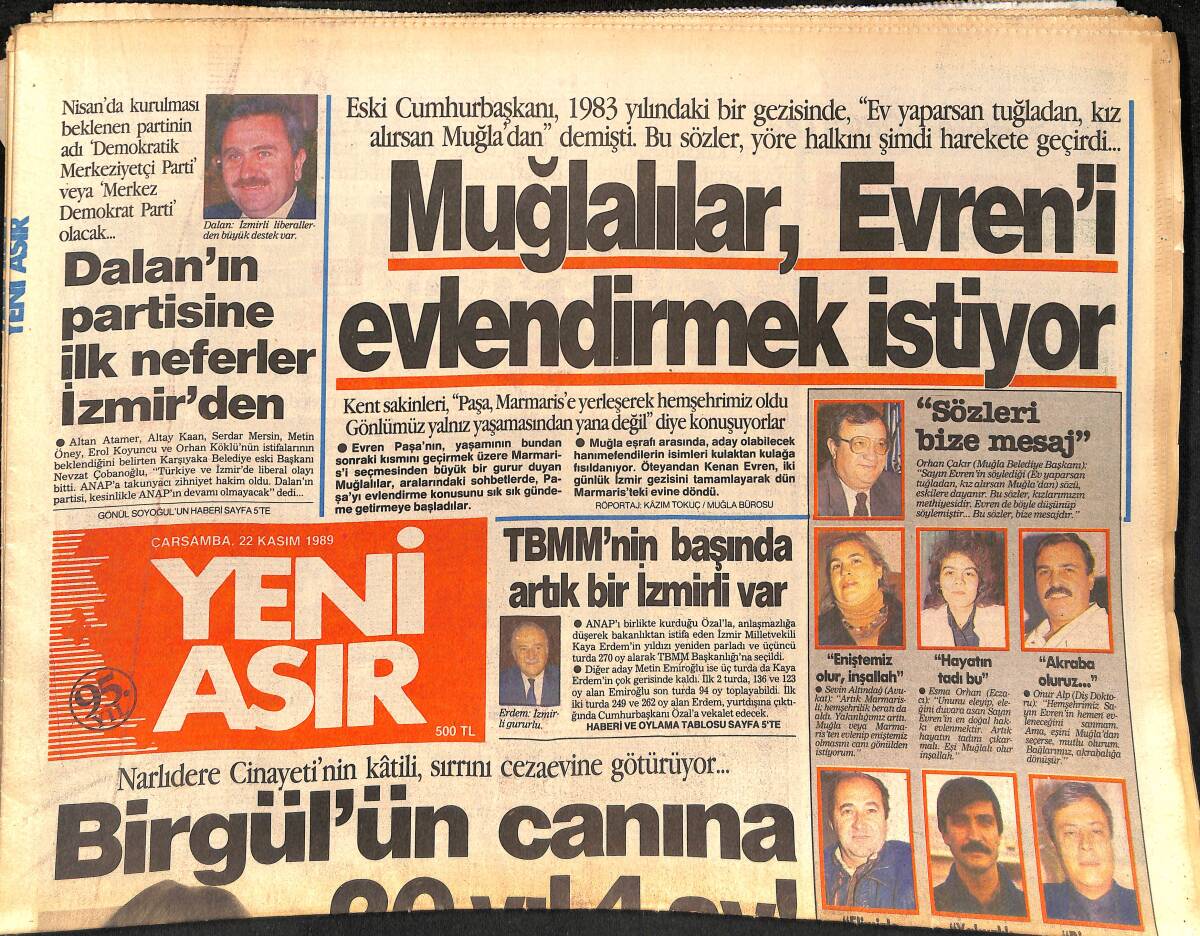 Yeni Asır Gazetesi 22 Kasım 1989 - Muğlalılar Kenan Evren'i Evlendirmek İstiyor - Altay Başkanı Karşıyaka Tribününde GZ134770 - 1