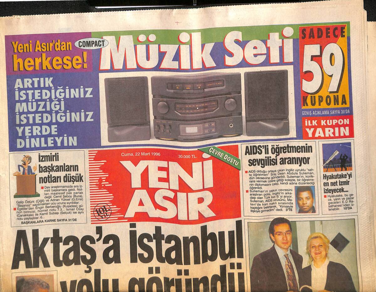 Yeni Asır Gazetesi 22 Mart 1996 - Ümit Kayıhan Beyin Yıkıyor - Menderes İçin İyileşme Umudu GZ133634 - 1