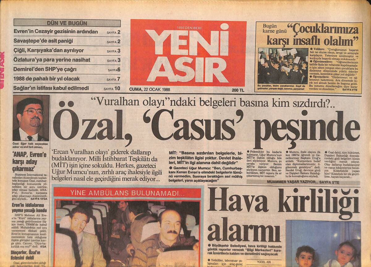 Yeni Asır Gazetesi 22 Ocak 1988 - Balıkesirspor'dan Müşerref Yırcalı'ya Başkanlık Teklifi - Özal , ' Casus ' Peşinde GZ133659 - 1