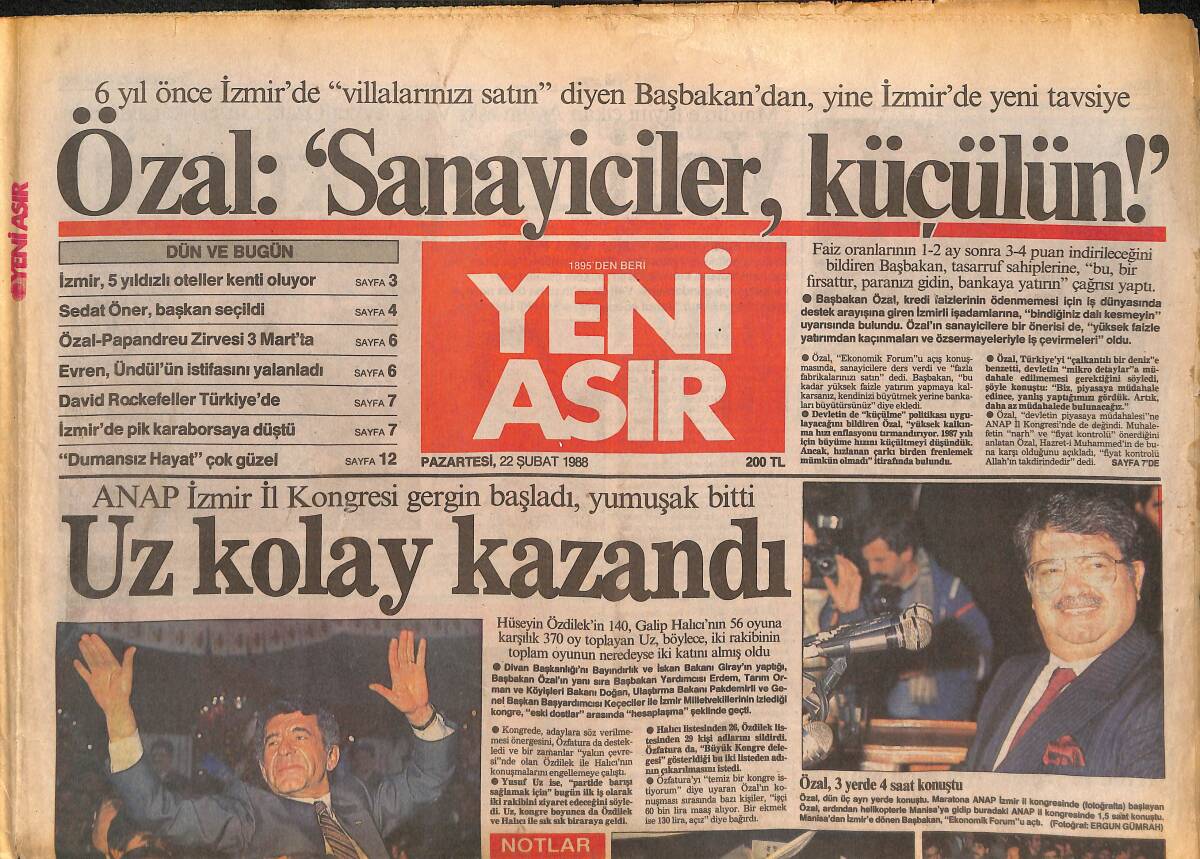 Yeni Asır Gazetesi 22 Şubat 1988 - İzmir'den 5 Assubay Daha Sorguya Yollandı - Özal : ' Sanayiciler,Küçülün !' GZ133680 - 1
