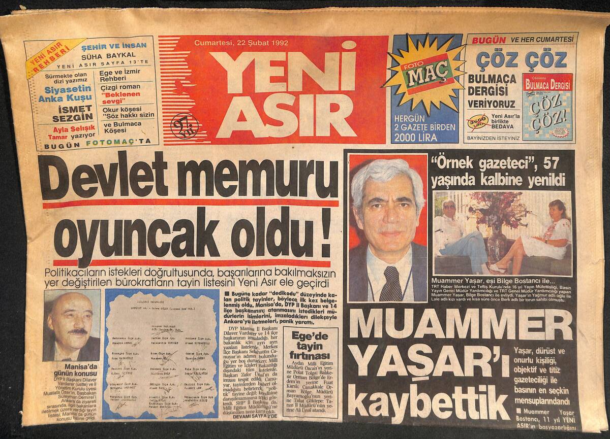 Yeni Asır Gazetesi 22 Şubat 1992 - Semra Özal İçin Kitap Bastırıldı - Devlet Memuru Oyuncak Oldu ! GZ132089 - 1