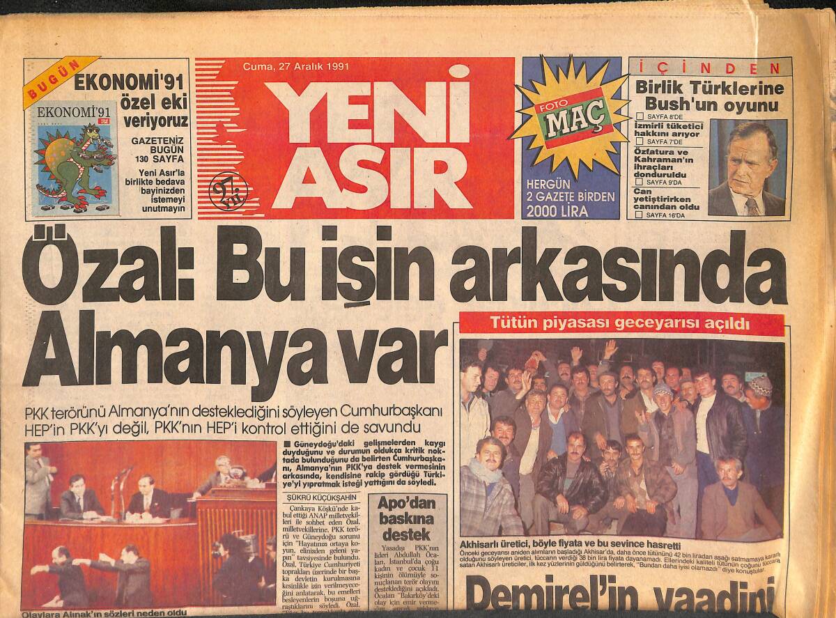 Yeni Asır Gazetesi 27 Aralık 1991 - Urla Sahillerinde , Denizden El Bombası Çıkarıldı - Kutlutaş Çalışanları Eylem Yaptı GZ131511 - 1