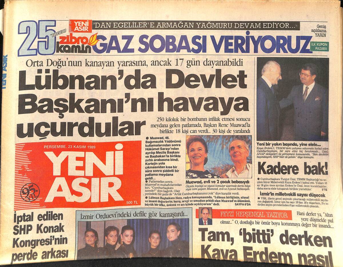 Yeni Asır Gazetesi 23 Kasım 1989 - Lübnan'da Devlet Başkanı'nı Havaya Uçurdular - Göztepe'de Antalyaspor Gerginliği GZ134771 - 1