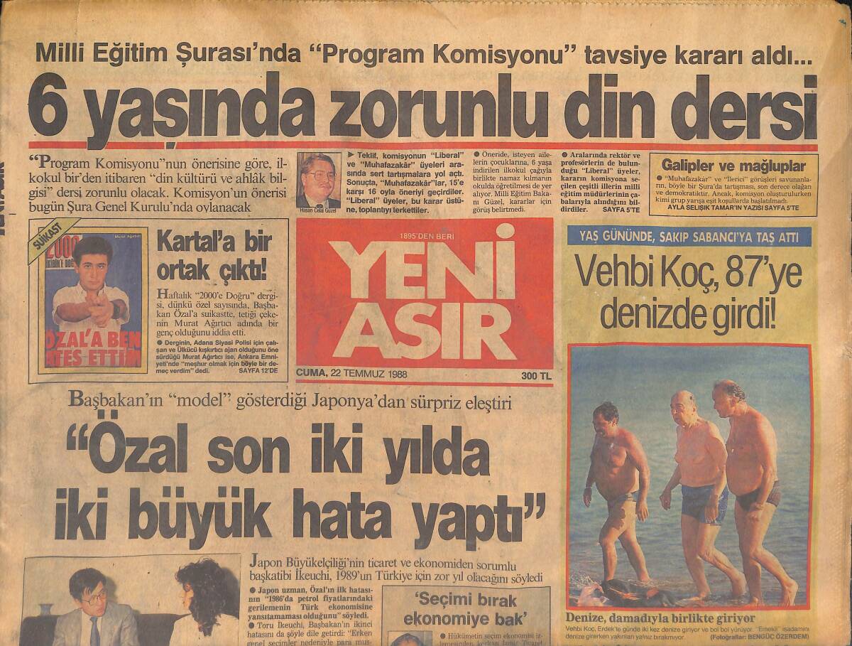Yeni Asır Gazetesi 22 Temmuz 1988 - Şampiyonluğun En Büyük Favorisi Yine Galatasaray - Özal Saf Durdu GZ131606 - 1