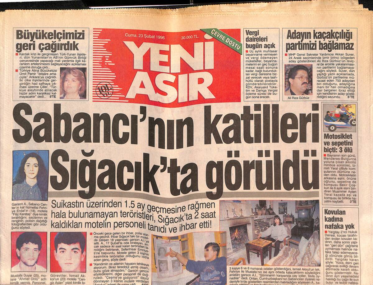Yeni Asır Gazetesi 23 Şubat 1996 - Sabancı'nın Katilleri Sığacık'ta Görüldü - Altay , Şova Hazırlanıyor GZ134338 - 1