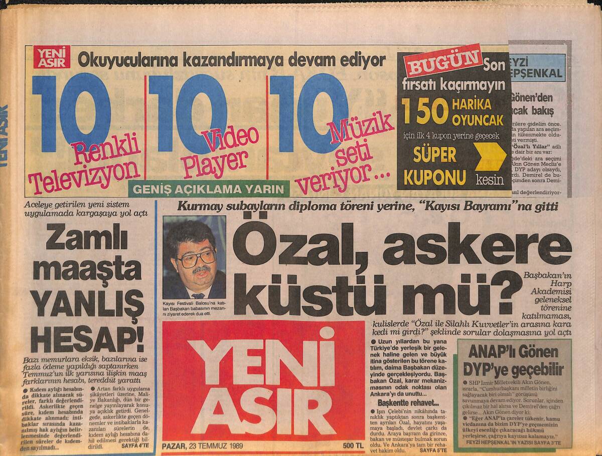 Yeni Asır Gazetesi 23 Temmuz 1989 - Turgut Özal, Kurmay subayların diploma töreni yerine, 