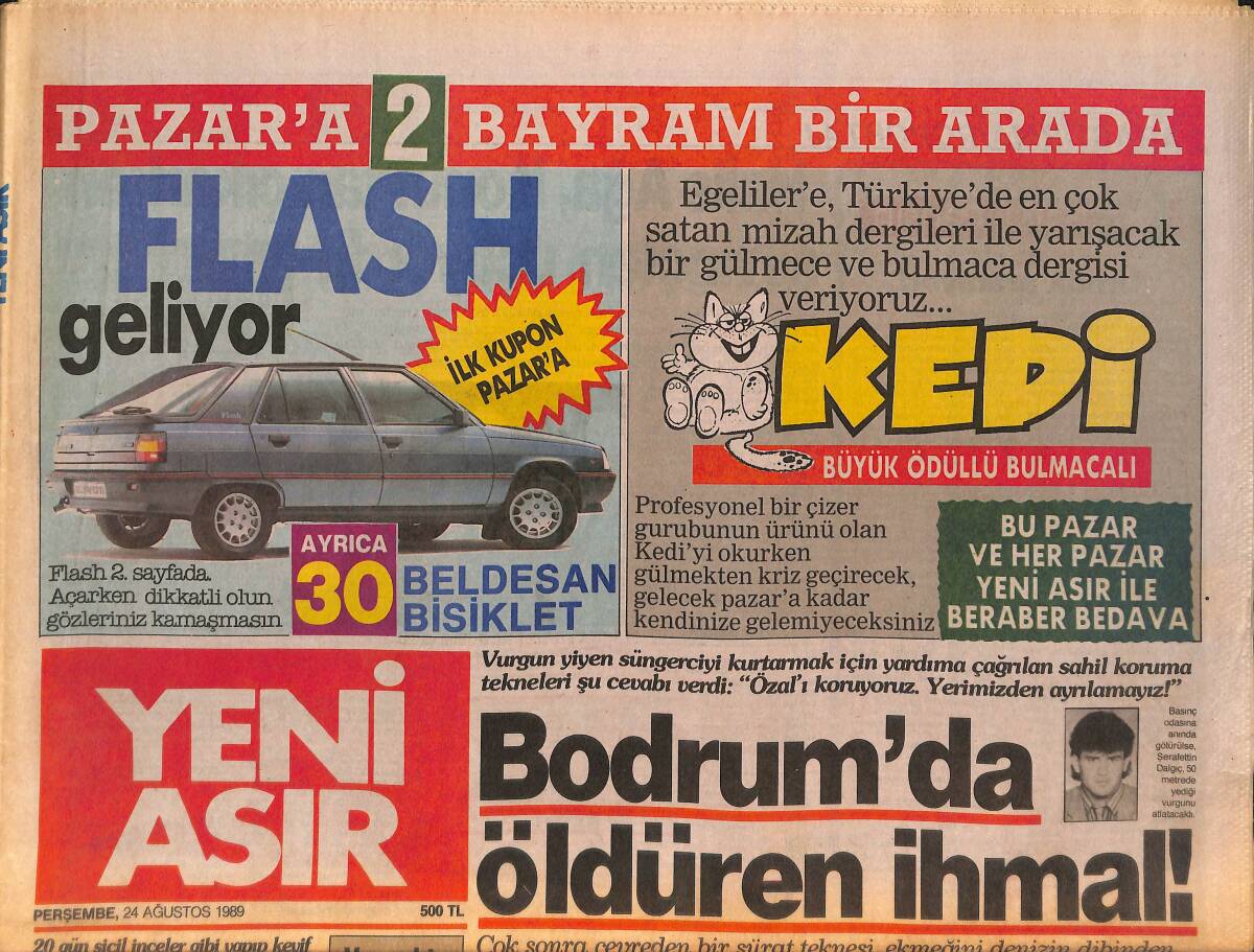 Yeni Asır Gazetesi 24 Ağustos 1989 - Yılın Gazinosu Bülent Ersoy, İbrahim Tatlıses, Ahu Tuğba, Selçuk Ural, Nilüfer, Kayahan GZ132167 - 1