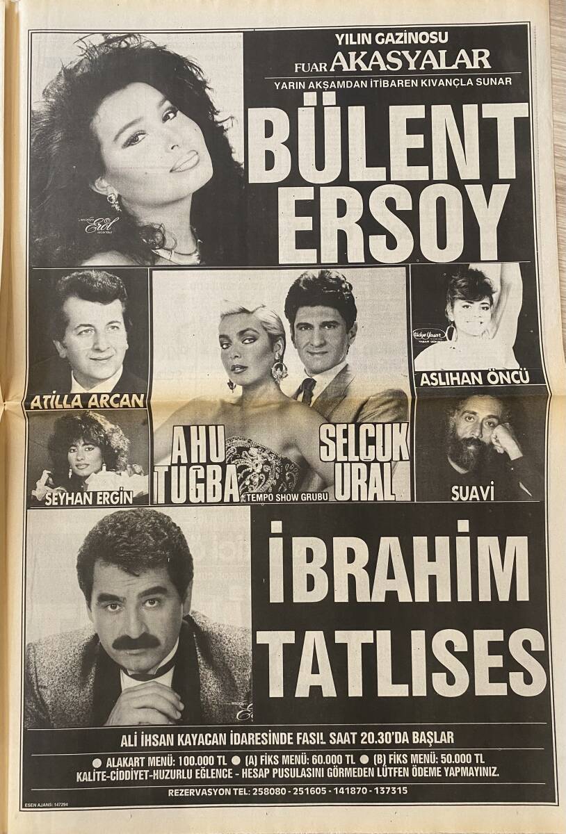 Yeni Asır Gazetesi 24 Ağustos 1989 - Yılın Gazinosu Bülent Ersoy, İbrahim Tatlıses, Ahu Tuğba, Selçuk Ural, Nilüfer, Kayahan GZ132167 - 2
