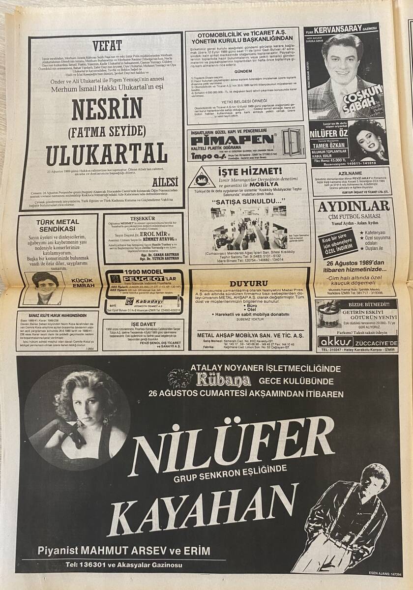 Yeni Asır Gazetesi 24 Ağustos 1989 - Yılın Gazinosu Bülent Ersoy, İbrahim Tatlıses, Ahu Tuğba, Selçuk Ural, Nilüfer, Kayahan GZ132167 - 3