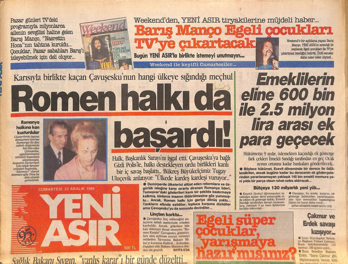 Yeni Asır Gazetesi 23 Aralık 1989 - Galatasaray'dan TRT'ye Sitem... - Romen Halkı da Başardı ! GZ131623 - 1