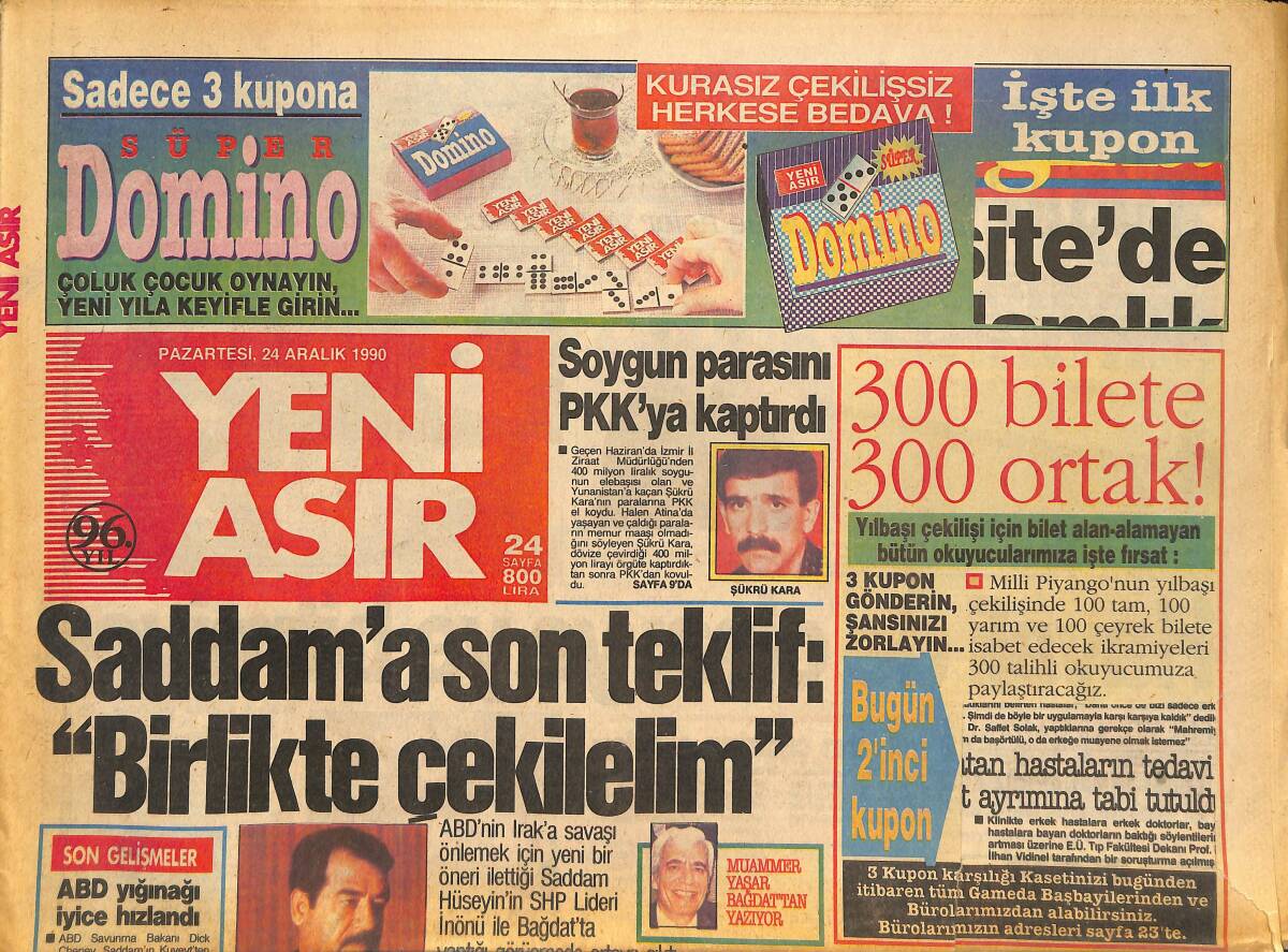 Yeni Asır Gazetesi 24 Aralık 1990 - Saddam'a Son Teklif : '' Birlikte Çekilelim '' - 91 Filmleri Muhteşem GZ133557 - 1