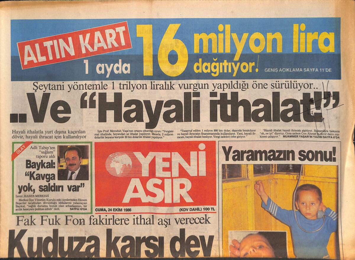 Yeni Asır Gazetesi 24 Ekim 1986 - Muazzez Abacı Büyüledi - Evren Affa Karşı Değil GZ134408 - 1