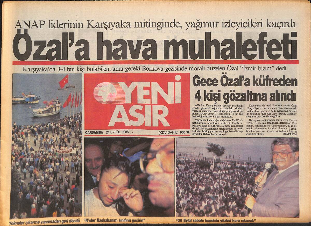 Yeni Asır Gazetesi 24 Eylül 1986 - Özal'a Hava Muhalefeti - Tanju Çolak 6 Gol Attı - Tanju Okan Afiş GZ136562 - 1